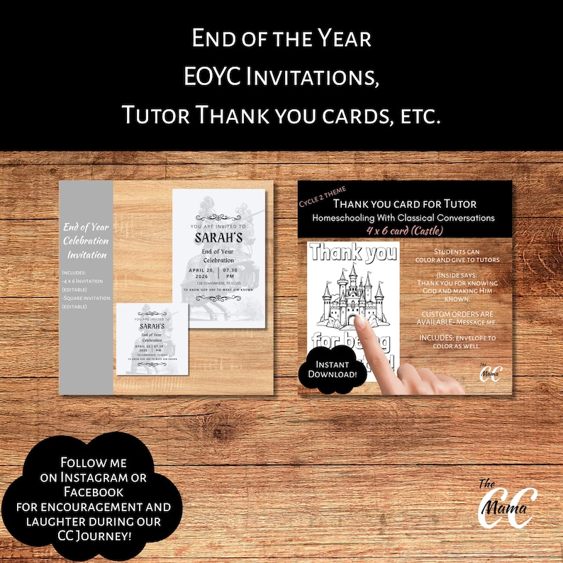 Puede incluir: Fondo de madera con invitaciones y tarjetas de agradecimiento impresas. El texto dice "Fin de a&ntilde;o EOYC Invitaciones, Tarjetas de agradecimiento para tutores, etc." Una tarjeta dice "Gracias" con un gr&aacute;fico de castillo.