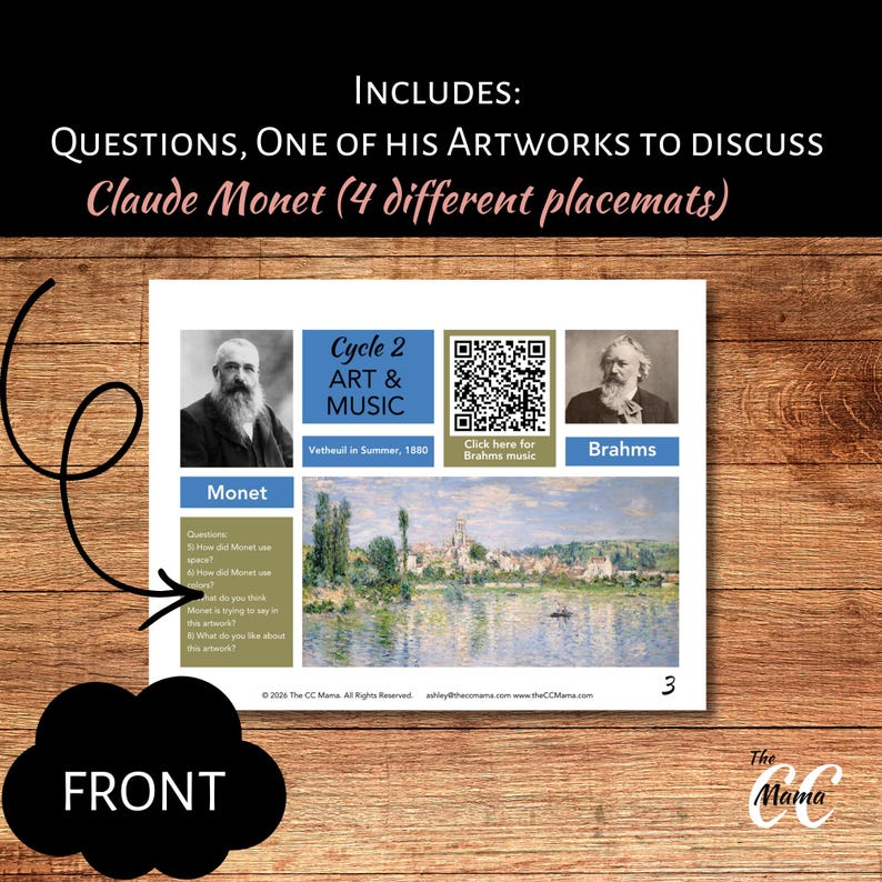 Puede incluir: Un mantel individual con una obra de arte de Claude Monet, con el texto "QUESTIONS, ONE OF HIS ARTWORKS TO DISCUSS." El mantel individual incluye im&aacute;genes de Monet y Brahms, junto con un c&oacute;digo QR y el texto "Cycle 2 ART & MUSIC."