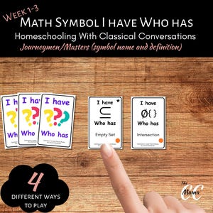 Puede incluir: Tarjetas educativas con símbolos matemáticos y el texto "I have Who has". Las tarjetas presentan signos de interrogación, conjuntos vacíos y símbolos de intersección. La imagen incluye el texto "Math Symbol I Have Who Has" y "4 Different Ways to Play".