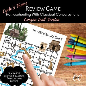May include: A printed game board titled Homeward Journey with a grid numbered 100 to 1, featuring illustrations of a log cabin, a general store, a wanted poster, and cowboy boots. The board includes text labels for subjects like History, Math, and Latin.