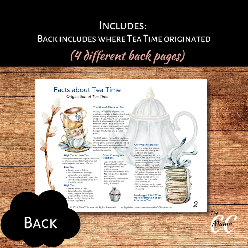 Puede incluir: Una tarjeta impresa con ilustraciones en acuarela sobre la historia de la hora del t&eacute;. La tarjeta incluye texto e im&aacute;genes de tazas de t&eacute;, una tetera y pasteles. La tarjeta est&aacute; sobre una superficie de madera.