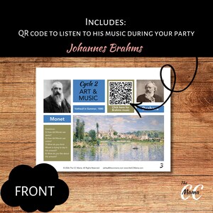 Puede incluir: Un recurso educativo impreso con el texto "Cycle 2 ART & MUSIC" y "Monet". Incluye un c&oacute;digo QR para escuchar m&uacute;sica y un retrato de Johannes Brahms. La imagen presenta una pintura de paisaje y la palabra "FRONT".