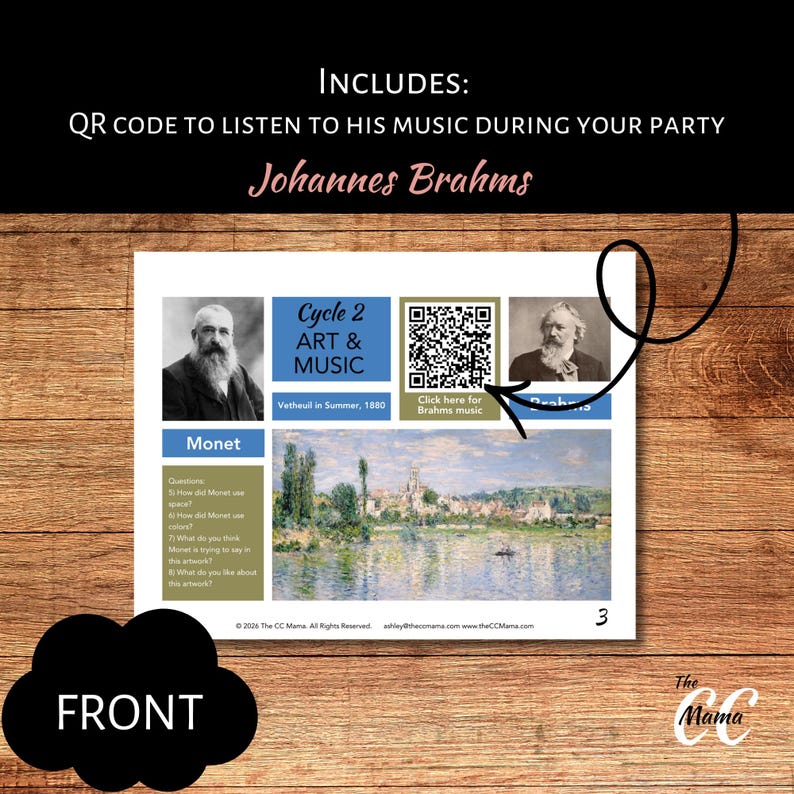 Puede incluir: Un recurso educativo impreso con el texto "Cycle 2 ART & MUSIC" y "Monet". Incluye un c&oacute;digo QR para escuchar m&uacute;sica y un retrato de Johannes Brahms. La imagen presenta una pintura de paisaje y la palabra "FRONT".