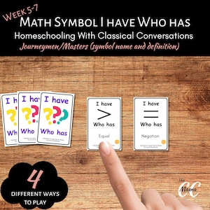 Puede incluir: Tarjetas educativas de símbolos matemáticos, con el juego "Tengo, Quién tiene". Las tarjetas muestran símbolos como "igual" y "negación", con texto "Semana 5-7" y "Símbolo matemático Tengo Quién tiene". Incluye "4 formas diferentes de jugar".