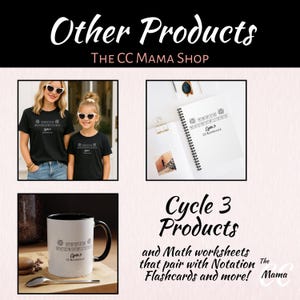 May include: The image showcases a variety of products, including black t-shirts, a spiral notebook, and a white mug with a black interior. The text on the products reads "Cycle 3" and "CC BLARSVILLE". The image also includes the text "Other Products" and "Cycle 3 Products".