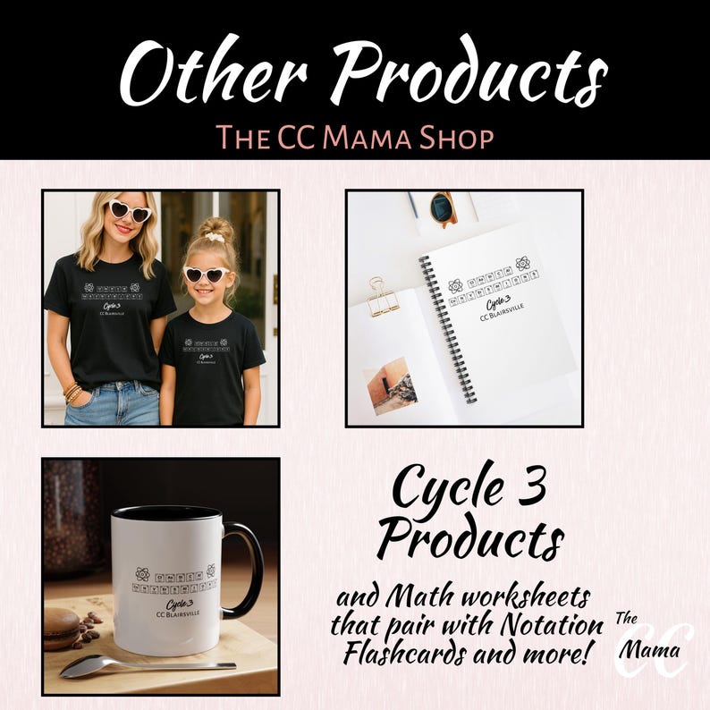 May include: The image showcases a variety of products, including black t-shirts, a spiral notebook, and a white mug with a black interior. The text on the products reads "Cycle 3" and "CC BLARSVILLE". The image also includes the text "Other Products" and "Cycle 3 Products".