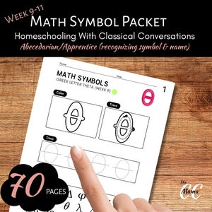 Könnte beinhalten: Ein weißes Arbeitsblatt mit dem Titel MATH SYMBOLS GREEK LETTER THETA WEEK 9 mit schwarzem Text, einem rosa Theta-Symbol und Kästchen zum Ausmalen und Nachspuren. Die Seite enthält eine Kopfzeile für Name und Datum sowie ein 70-Seiten-Etikett.