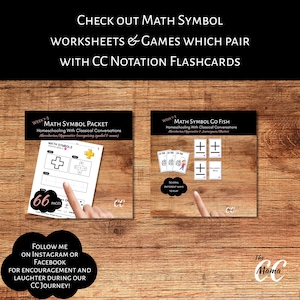 Puede incluir: Materiales educativos para la educaci&oacute;n en casa. La imagen muestra hojas de trabajo y juegos de s&iacute;mbolos matem&aacute;ticos, incluido un paquete con 66 p&aacute;ginas y un juego de "Go Fish". El texto anima a seguir en Instagram o Facebook.