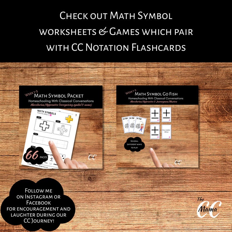 Puede incluir: Materiales educativos para la educaci&oacute;n en casa. La imagen muestra hojas de trabajo y juegos de s&iacute;mbolos matem&aacute;ticos, incluido un paquete con 66 p&aacute;ginas y un juego de "Go Fish". El texto anima a seguir en Instagram o Facebook.