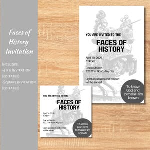Puede incluir: Conjunto de invitaciones blancas con el texto "Caras de la Historia" y detalles del evento. El diseño incluye una ilustración en escala de grises de un caballero a caballo. Disponibles en formatos 4x6 y cuadrados.
