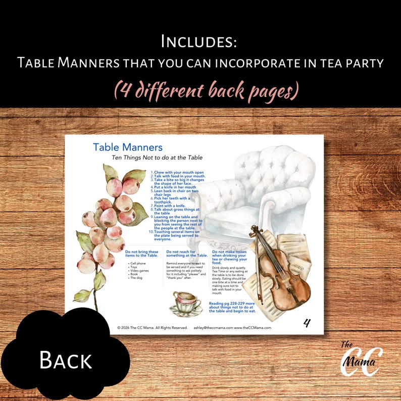 Puede incluir: Una ilustraci&oacute;n en acuarela de los modales en la mesa para una fiesta de t&eacute;. La imagen incluye un sill&oacute;n blanco, un viol&iacute;n y una taza de t&eacute;. El texto de la p&aacute;gina enumera diez cosas que no se deben hacer en la mesa. Las palabras "Table Manners" est&aacute;n en la parte superior.