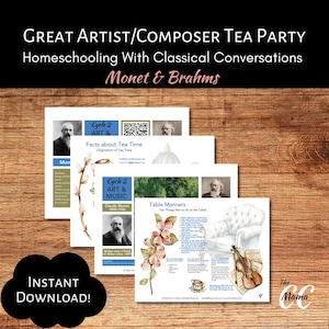 Puede incluir: Un conjunto de imprimibles educativos para un evento de educaci&oacute;n en casa "Great Artist/Composer Tea Party". Los materiales incluyen datos sobre la hora del t&eacute;, los modales en la mesa e informaci&oacute;n sobre Monet y Brahms. Tambi&eacute;n se ve la frase "Descarga instant&aacute;nea".