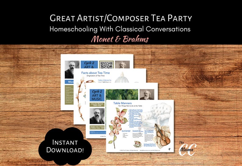 Puede incluir: Un conjunto de imprimibles educativos para un evento de educaci&oacute;n en casa "Great Artist/Composer Tea Party". Los materiales incluyen datos sobre la hora del t&eacute;, los modales en la mesa e informaci&oacute;n sobre Monet y Brahms. Tambi&eacute;n se ve la frase "Descarga instant&aacute;nea".