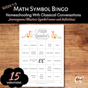 Puede incluir: Una tarjeta blanca de bingo de símbolos matemáticos con un fondo de madera. La tarjeta presenta símbolos y términos matemáticos, incluyendo "Positivo", "Cardinalidad" y "Para todos". El texto "Week 1-3" y "Math Symbol Bingo" están en la parte superior.