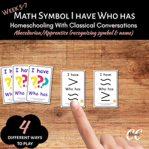 Puede incluir: Tarjetas educativas con símbolos matemáticos y el texto "Tengo, ¿Quién tiene?" sobre una superficie de madera. Las tarjetas presentan signos de interrogación y símbolos como mayor que y menor que. La imagen incluye el texto "Semana 5-7" y "4 formas diferentes de jugar".