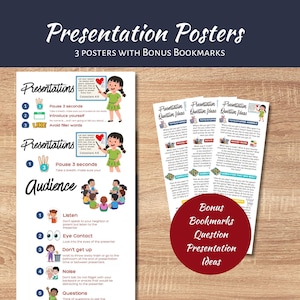 May include: Three educational posters and bookmarks titled Presentation Posters and Presentation Question Ideas. The posters feature illustrations of children, numbered lists, and text instructions for public speaking and audience etiquette.