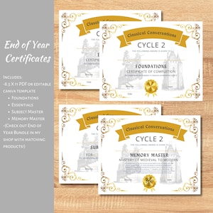 May include: End of Year Certificates with gold scrollwork and text. Includes Foundations, Essentials, Subject Master, and Memory Master certificates. Each certificate is 21.6 x 27.9 cm.