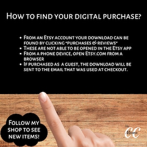 Puede incluir: Fondo negro con texto blanco: "&iquest;C&Oacute;MO ENCONTRAR TU COMPRA DIGITAL?" e instrucciones. Un dedo apunta a una burbuja negra que dice "&iexcl;SIGUE MI TIENDA PARA VER NUEVOS ART&Iacute;CULOS!" El logotipo de The Mama est&aacute; en la parte inferior derecha.