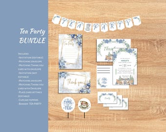Invitación para fiesta de té con flores azules y pancarta (descarga digital)