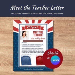 Può includere: Un modello di lettera Meet the Teacher con un design patriottico rosso, bianco e blu con motivi a stelle. Il documento include una cornice per foto, campi di testo per CC Cycle 3, Ms. Ashley Burr e un badge Canva modificabile in rosso e blu.