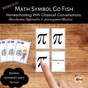Könnte beinhalten: Ein Set Math Symbol Go Fish Karten mit dem Text Week 9-11 Math Symbol Go Fish Homeschooling With Classical Conversations Abecedarian/Apprentice & Journeymen/Masters. Die Karten zeigen den griechischen Buchstaben Pi und eine Person beim Angeln.