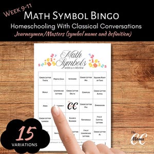 Könnte beinhalten: Ein weißes Blatt Papier mit dem Titel Math Symbols Week 9-11 Review, das ein Raster mit mathematischen Begriffen wie Greek Letter Theta, Integers und Square Root of Two enthält. Das Dokument zeigt ein zentrales CC-Logo und bunte Zahlen.