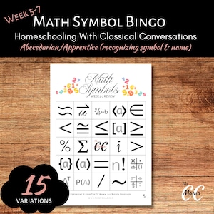 Puede incluir: Una tarjeta de Bingo de símbolos matemáticos en blanco con varios símbolos matemáticos, incluyendo signos de igual, mayor que y menor que. La tarjeta está diseñada para la educación en casa y presenta el texto "Semana 5-7" y "15 Variaciones".