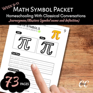 Könnte beinhalten: Ein weißes Arbeitsblatt mit dem Titel Math Symbol Packet Week 9-11 Homeschooling With Classical Conversations. Die Seite zeigt den griechischen Buchstaben Pi mit Abschnitten zum Ausmalen, Nachspuren und Schreiben des Namens und der Definition.