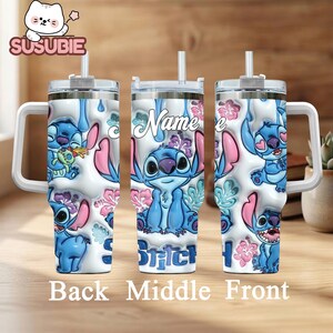 A 3D printed stainless steel tumbler with a design featuring the character Stitch from the movie Lilo & Stitch. The tumbler has a handle on the right side and a straw on the left side. The design includes various Stitch-related elements such as flowers, leaves, and other Stitch-themed imagery.