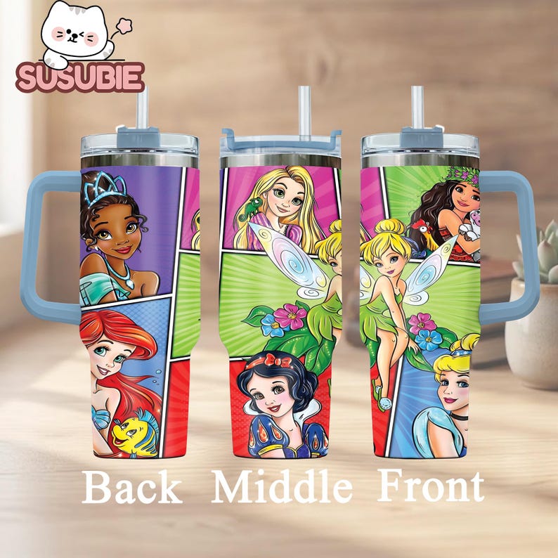 A set of three colorful tumblers with cartoon character designs on them.