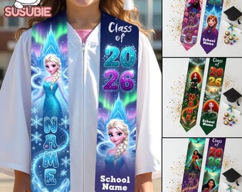 Elsa Anna Merida Moana Graduation Stole Personalized, Disney Princess Kids Graduation Sash, Kindergarten Custom Name Class of 2026