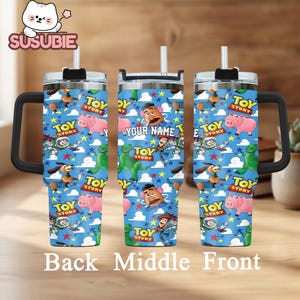 Toy Story-themed tumblers with characters from the Toy Story franchise, including Woody, Buzz Lightyear, and other beloved characters.