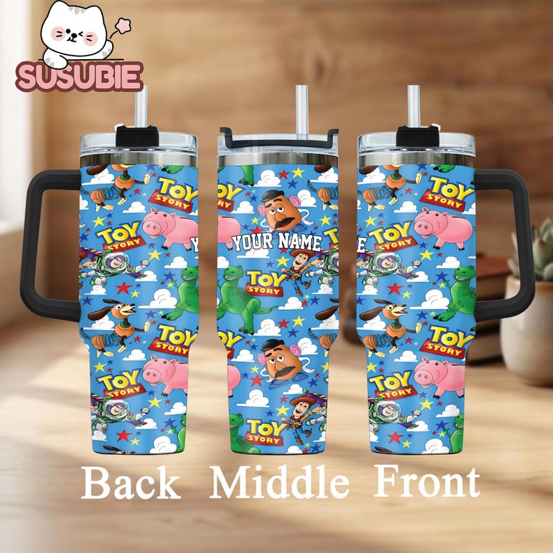 Toy Story-themed tumblers with characters from the Toy Story franchise, including Woody, Buzz Lightyear, and other beloved characters.