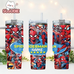 A personalized tumbler with a design featuring various Spider-Man characters, including the main character Spider-Man. The design includes multiple Spider-Man images and the text "SPIDERSMAN NAME" prominently displayed.