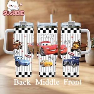Personalized Cartoon Racing Car Tumbler 40oz With Handle, Custom Name Kids Race Car Travel Mug, Racing Theme Cup
