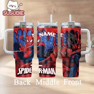 A 3D printed stainless steel tumbler with a Spiderman design, featuring the character Spiderman in various poses.