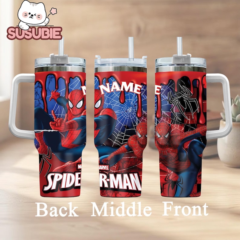 A 3D printed stainless steel tumbler with a Spiderman design, featuring the character Spiderman in various poses.