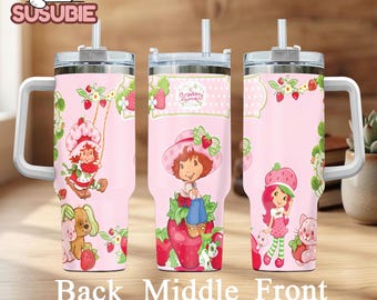Cute Strawberry Shortcake Friends Tumbler 40oz With Handle, Pink Strawberry Cartoon Insulated Stainless Steel Travel Mug