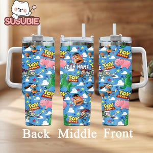 Toy Story-themed tumblers with characters from the Toy Story franchise, including Woody, Buzz Lightyear, and other beloved characters.