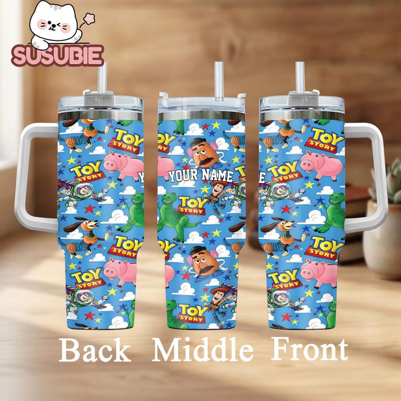 Toy Story-themed tumblers with characters from the Toy Story franchise, including Woody, Buzz Lightyear, and other beloved characters.