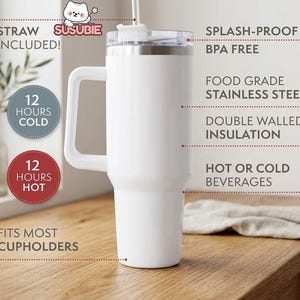 A white stainless steel thermos with a straw, labeled as a "Straw Included!" and "SPLASH-PROOF Lid" with a "BPA Free" label. The thermos has a "12 HOURS COLD" and "12 HOURS HOT" feature, and is described as "Food Grade Stainless Steel" and "Double Walled Insulation". It is also referred to as "The Most Upcycled Cup Holders" and "The Most Upcycled Straws".
