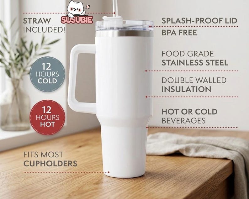 A white stainless steel thermos with a straw, labeled as a "Straw Included!" and "SPLASH-PROOF Lid" with a "BPA Free" label. The thermos has a "12 HOURS COLD" and "12 HOURS HOT" feature, and is described as "Food Grade Stainless Steel" and "Double Walled Insulation". It is also referred to as "The Most Upcycled Cup Holders" and "The Most Upcycled Straws".