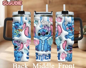 Personalized Stitch Cartoon Tumbler 40oz With Handle, Custom Name Cute Blue Alien Travel Mug