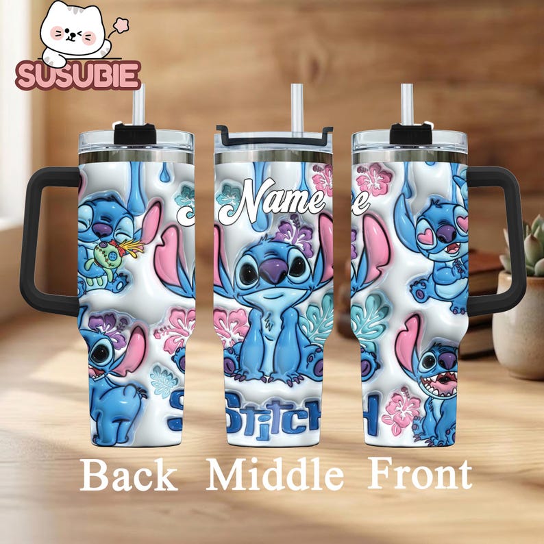 A 3D printed stainless steel tumbler mug with a design featuring the character Stitch from the movie Lilo & Stitch. The mug has a handle on the right side and a straw on the left side. The design includes Stitch in various poses and poses, as well as other characters from the Lilo & Stitch franchise.