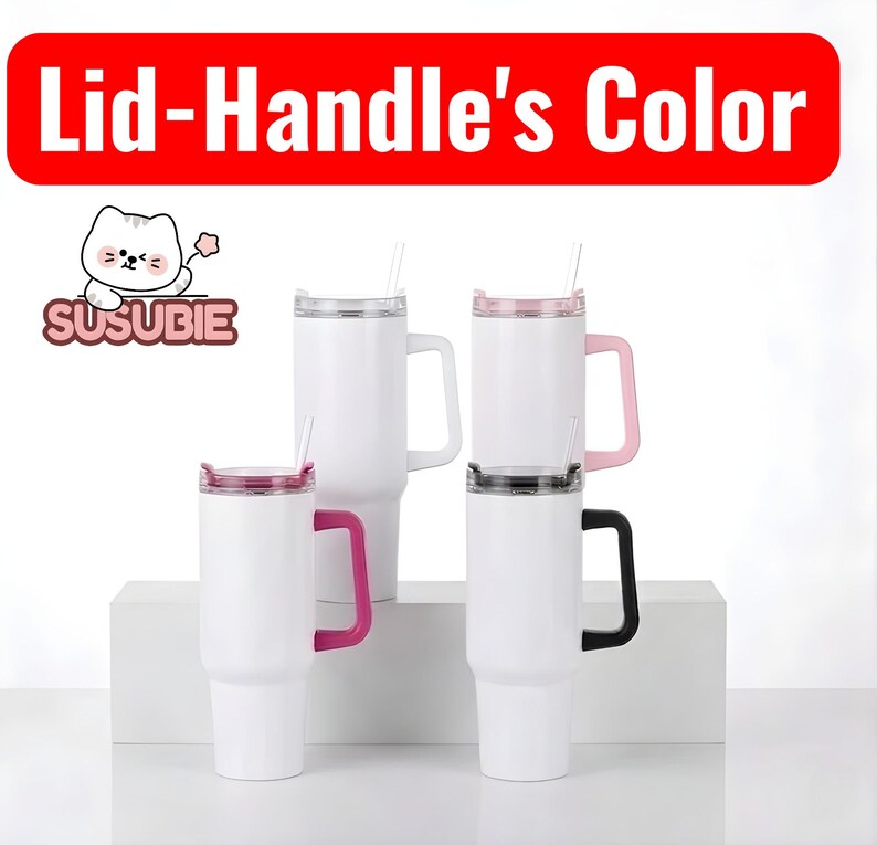 a collection of four white tumblers with pink and black handles, arranged on a white surface.