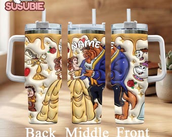 Personalized Beauty Princess Tumbler 40oz With Handle, Custom Name Fairy Tale Couple Travel Mug, Romantic Gift Cup