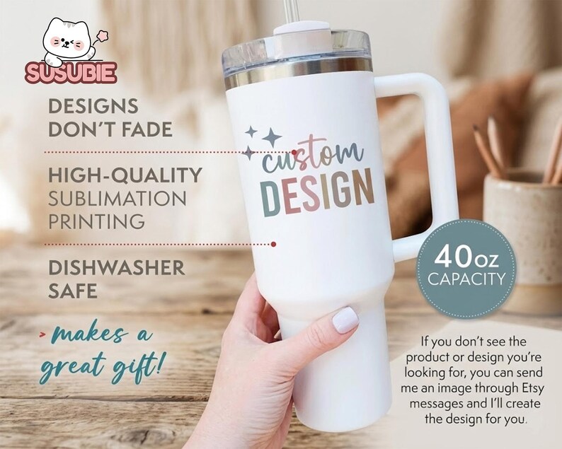 A person's hand holding a white insulated tumbler with a custom design on it, along with text describing the features of the product.