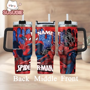 A 3D printed stainless steel tumbler with a Spider-Man design, featuring the character Spider-Man in various poses.