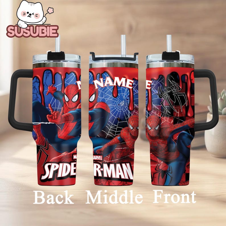 A 3D printed stainless steel tumbler with a Spider-Man design, featuring the character Spider-Man in various poses.