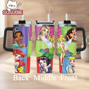 three colorful tumblers with cartoon character designs on them.